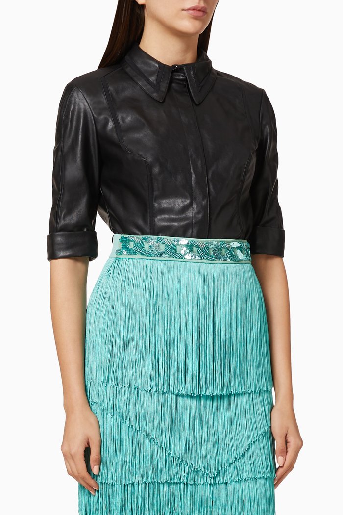 

Faux Leather Shirt Bodysuit, Black
