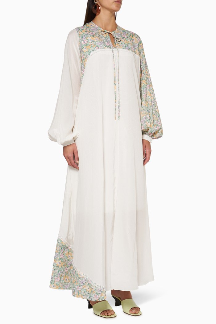 

Floral-Trim Maxi Dress, Neutral