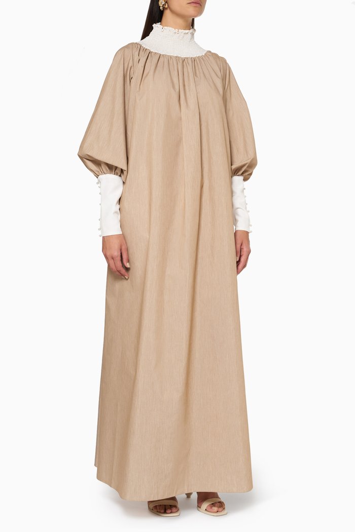 

Smocked Turtleneck Maxi Dress, Neutral
