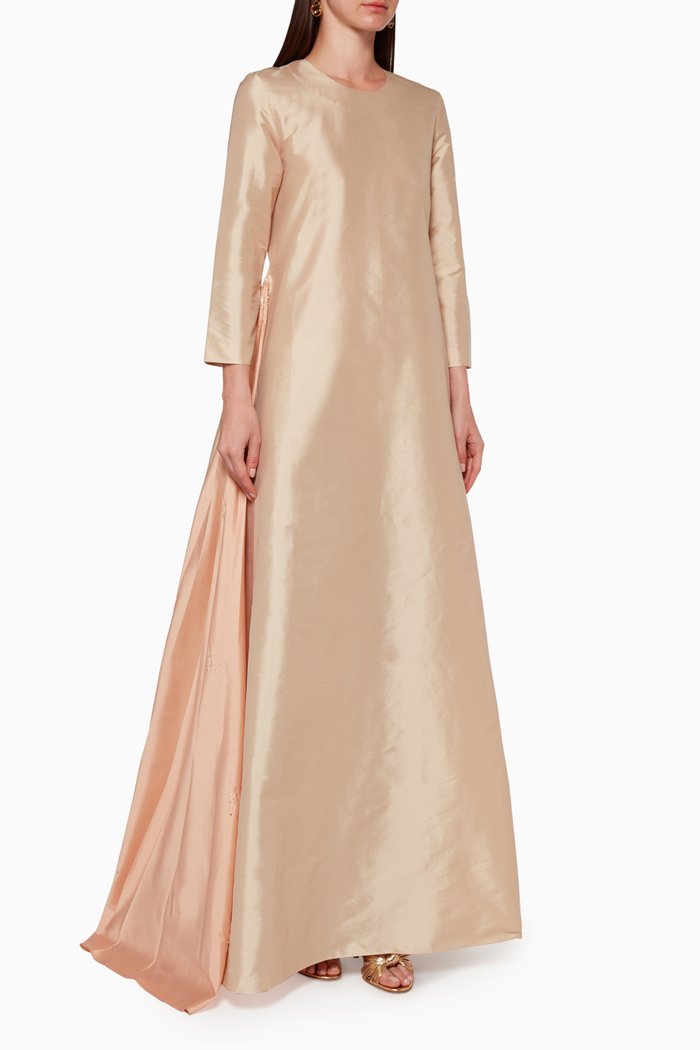 Embellished Pleated Silk Dress, Neutral