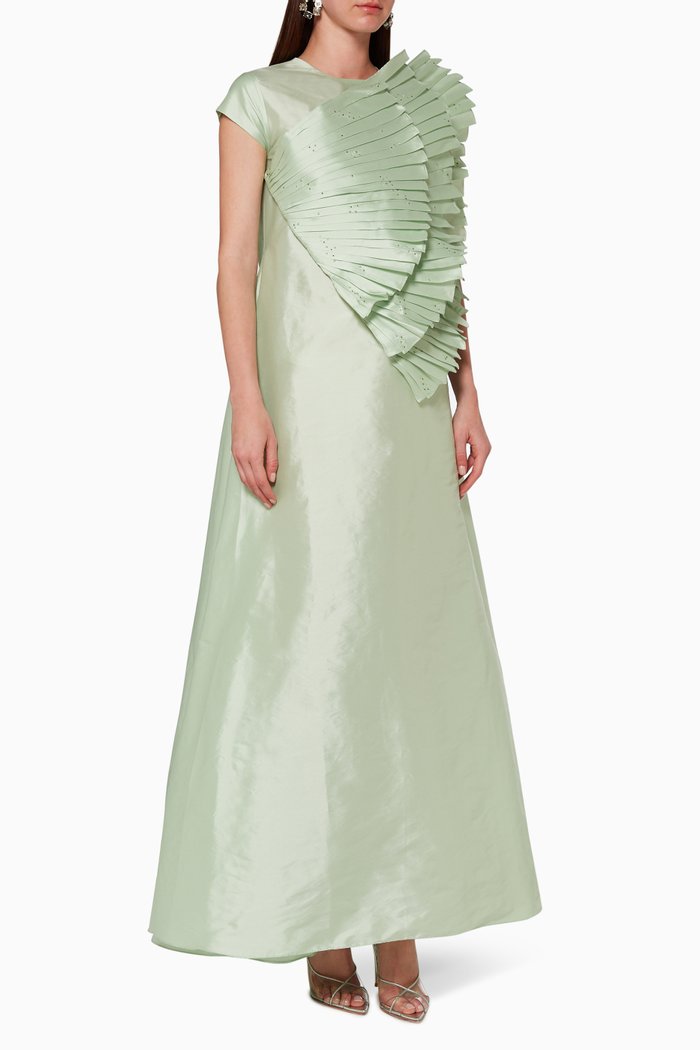 

Pleated Applique Silk Dress, Green