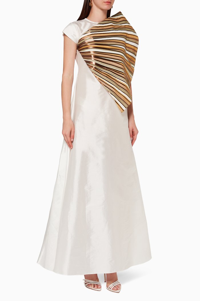 

Stripe Applique Silk Dress, White