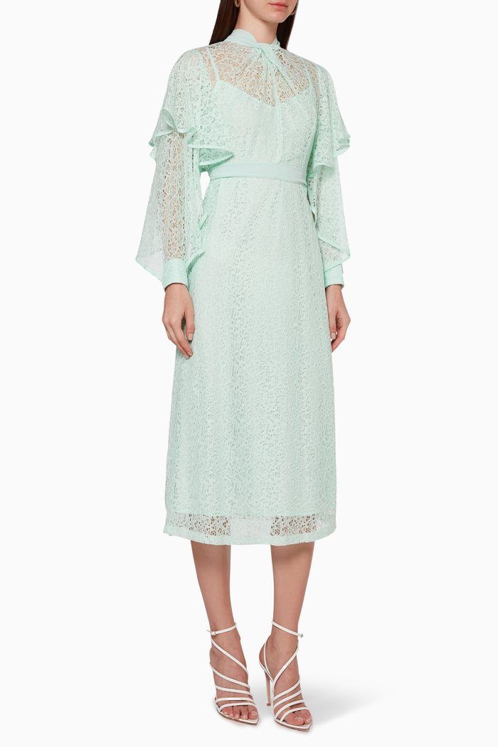 

Lace Cape-Sleeve Dress, Green