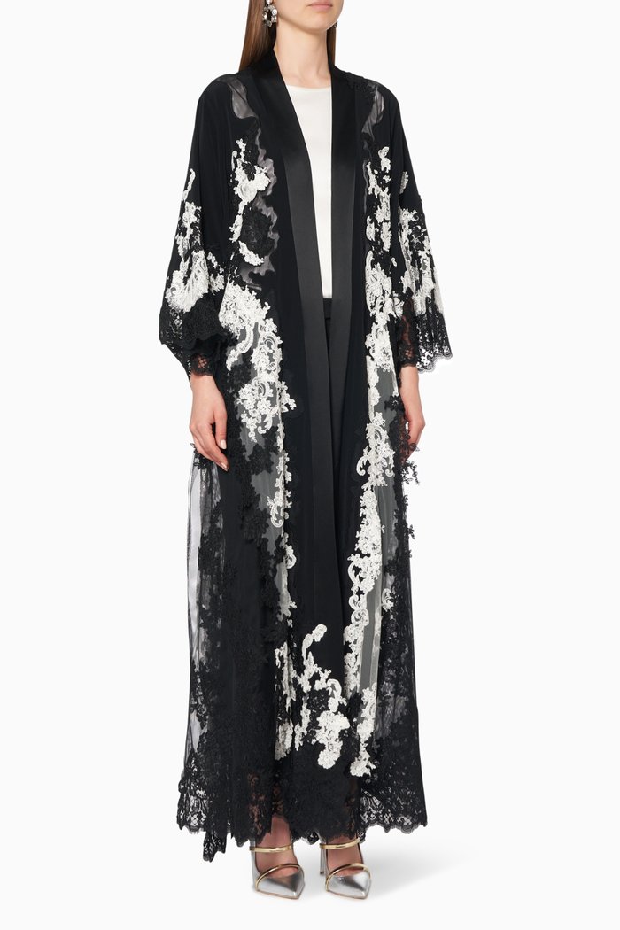 

French Lace & Satin Abaya, Black