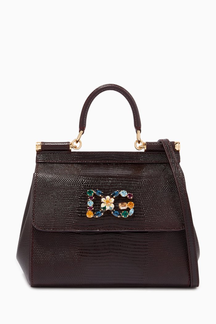 

Small Sicily Bag with Crystal DG Logo in Iguana Printed Leather, Red