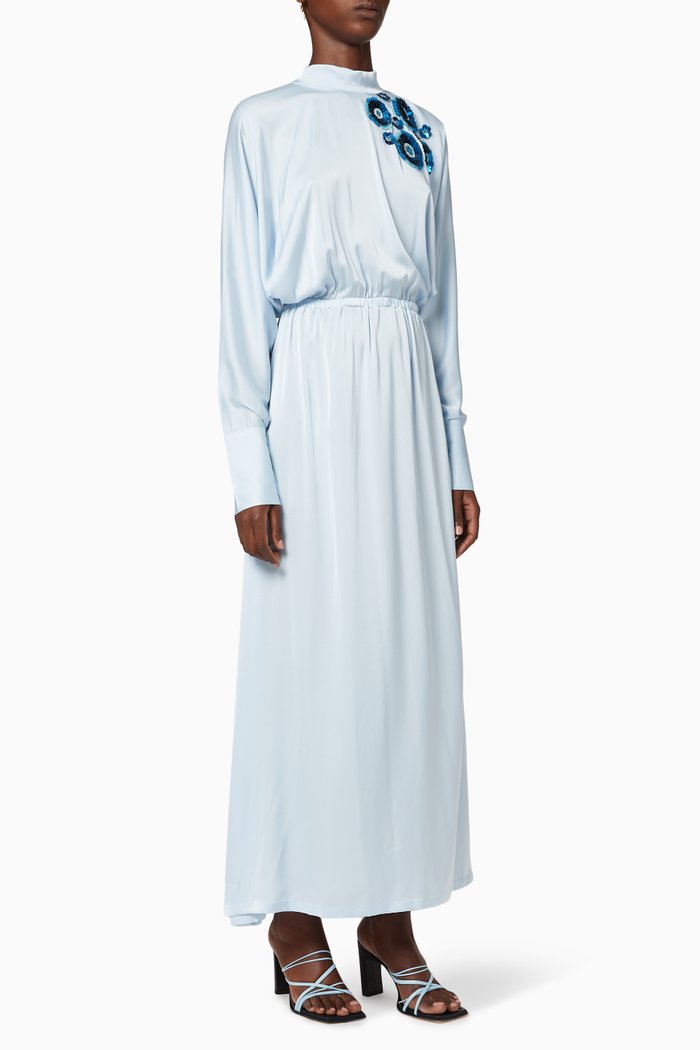 

Floral Embroidered Satin Maxi Dress, Blue