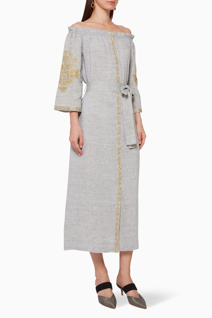 Embroidered Belted Dress, Grey