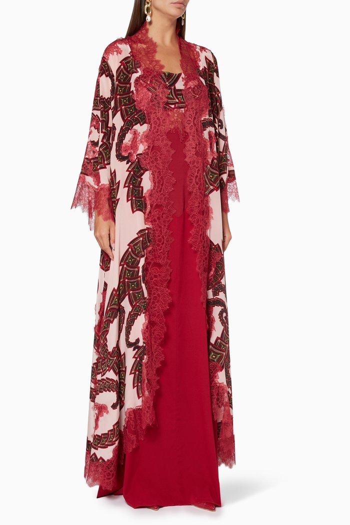

French Lace Silk Abaya, Burgundy