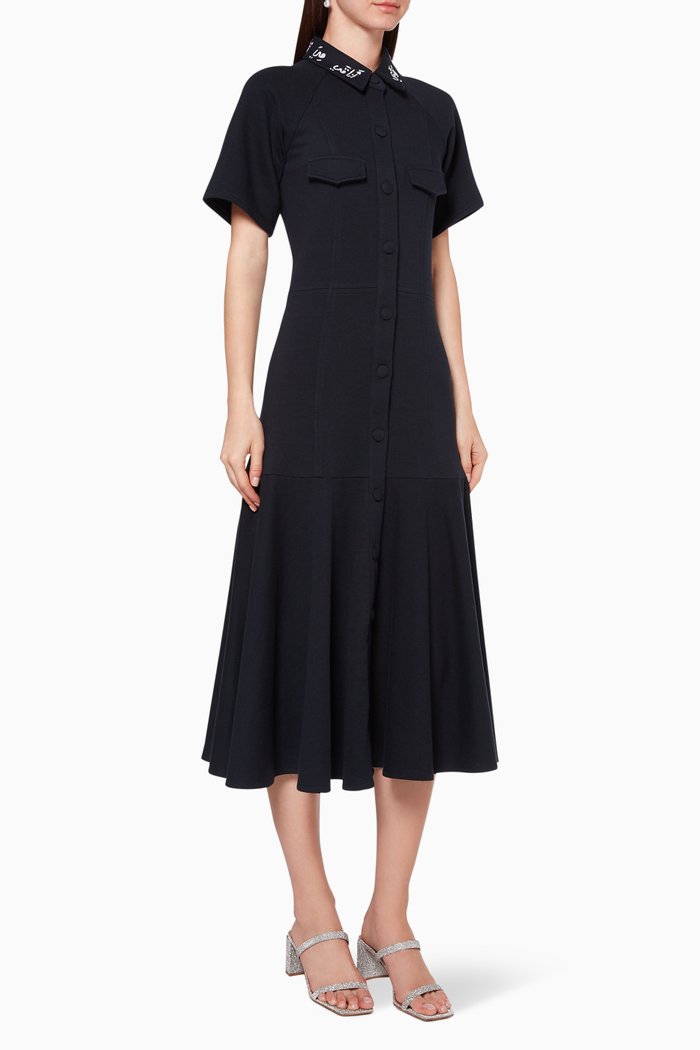 

Jersey Dress with Hand-Embroidered Collar, Blue