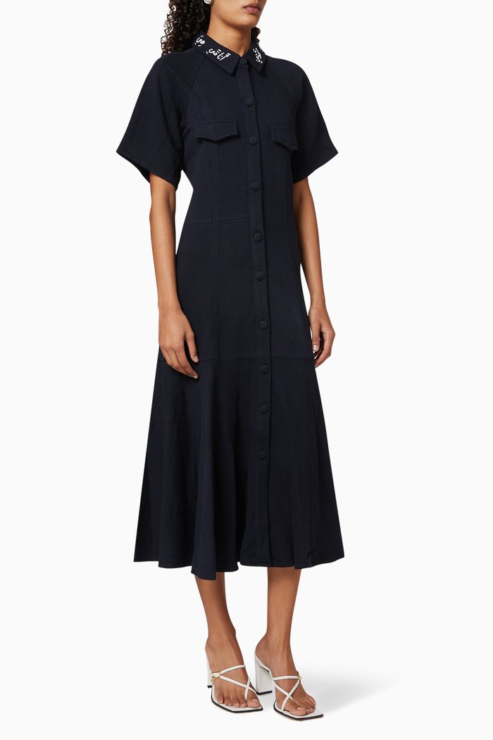 

Jersey Dress with Hand-Embroidered Collar, Blue