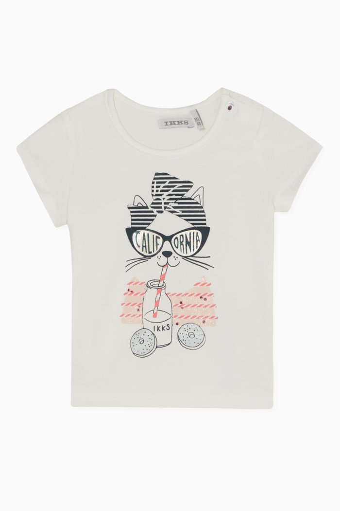 Glittery Cat Print Jersey T-Shirt, White