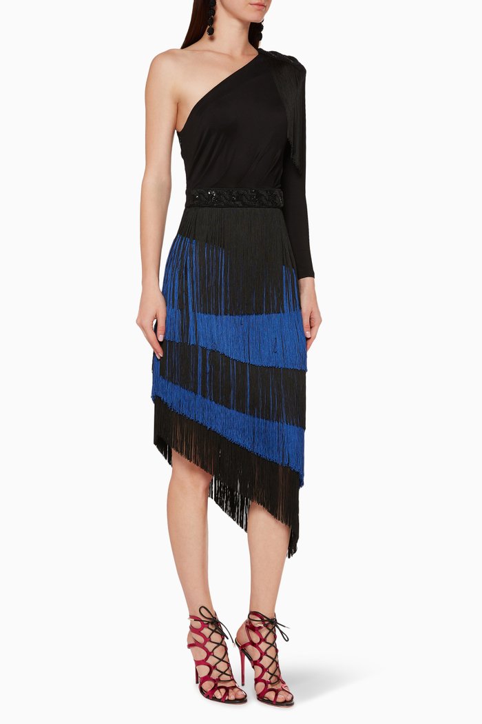 

Fringe Asymmetric Midi Dress, Black