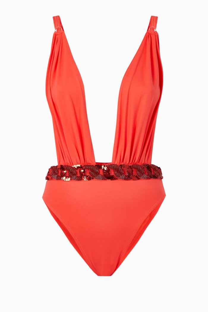 

Embroidered-Waistband Swimsuit, Pink