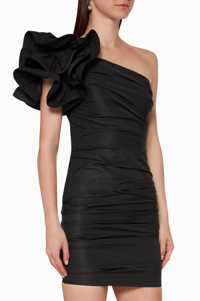 

Flounces One-Shoulder Mini Dress, Black