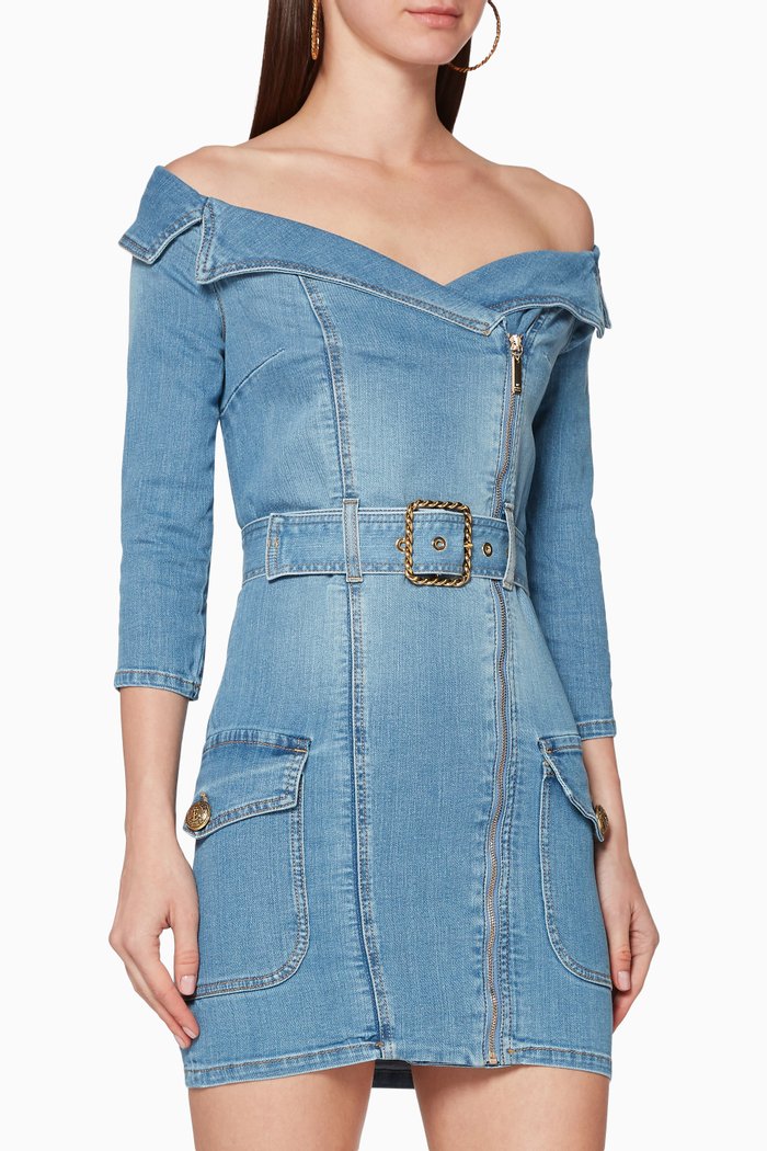 

Off-Shoulder Denim Mini Dress, Blue