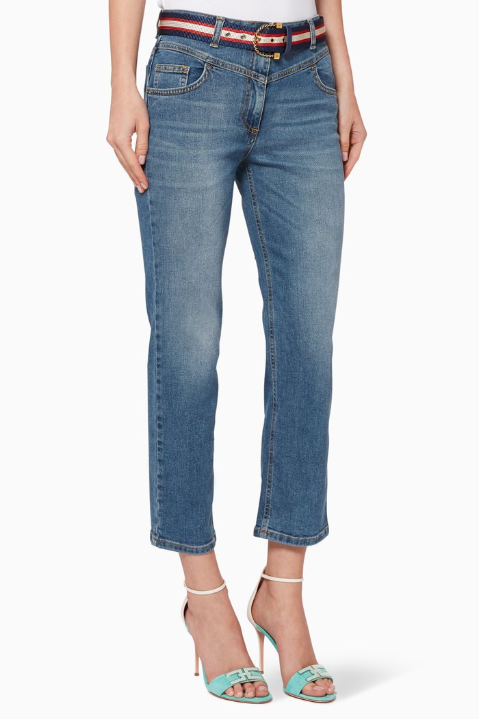 

Belted Denim Cropped Jeans, Blue