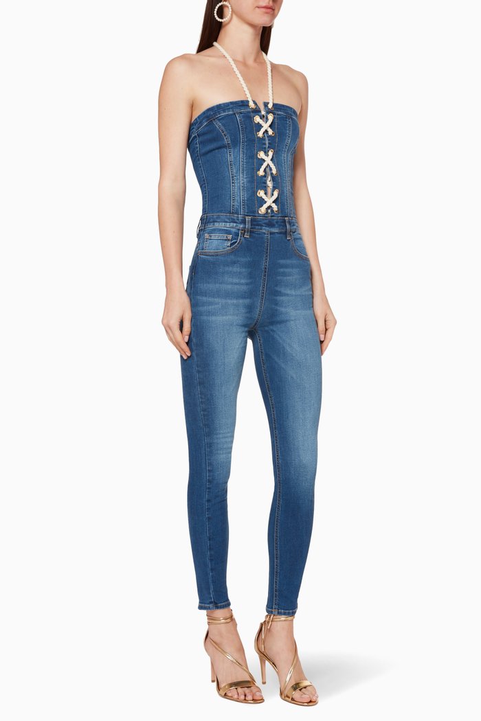 

Denim Skinny-Fit Jumpsuit, Blue