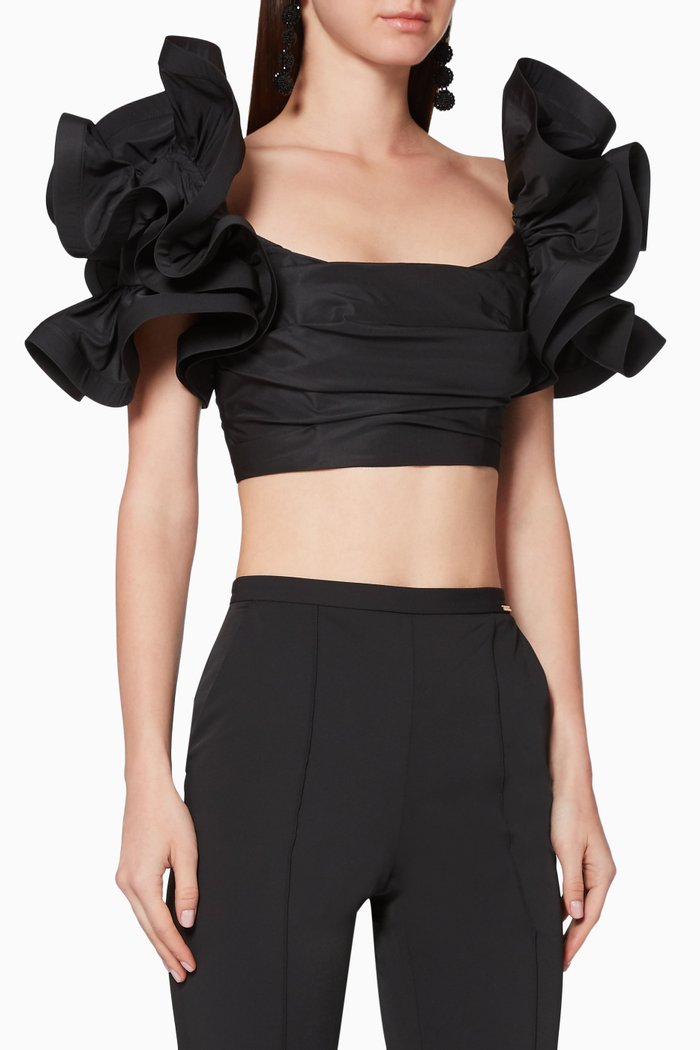 Ruffled-Sleeved Bandeau Top, Black