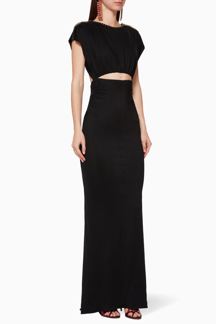

Rhinestone-Trimmed Jersey Maxi Dress, Black