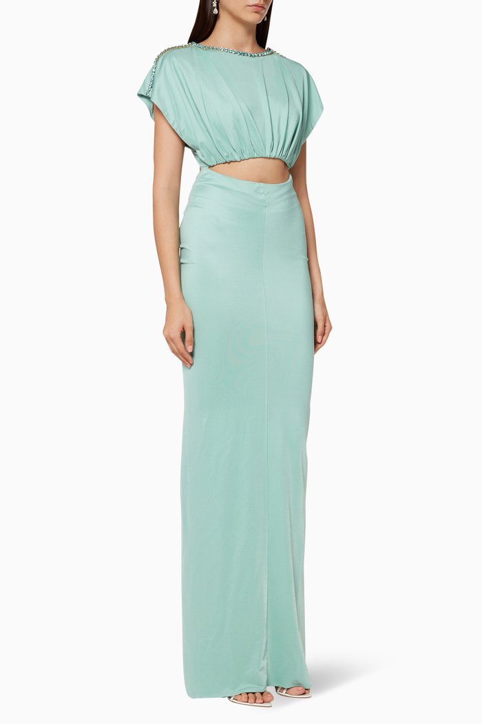 

Rhinestone-Trimmed Jersey Maxi Dress, Blue