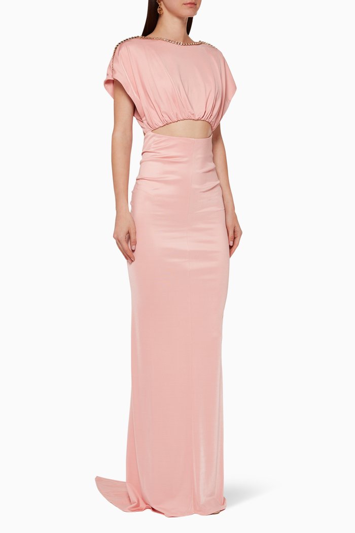 

Rhinestone-Trimmed Jersey Maxi Dress, Pink