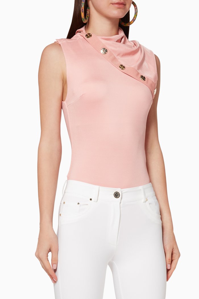 

High-Collar Jersey Bodysuit, Pink