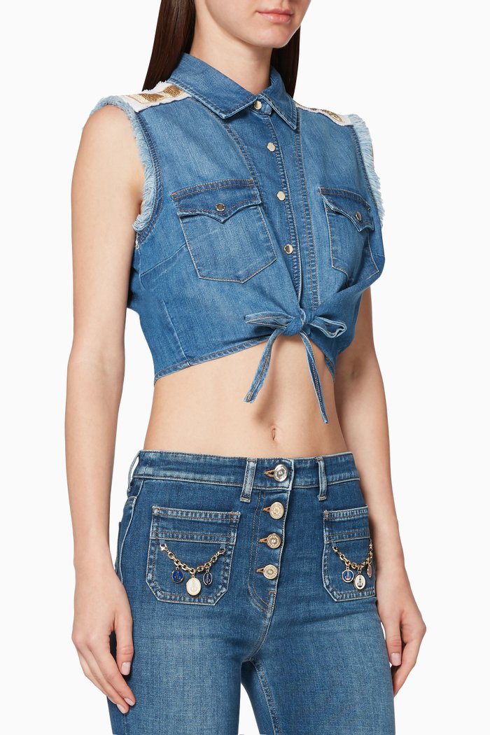 

Sleeveless Denim Crop Shirt, Blue