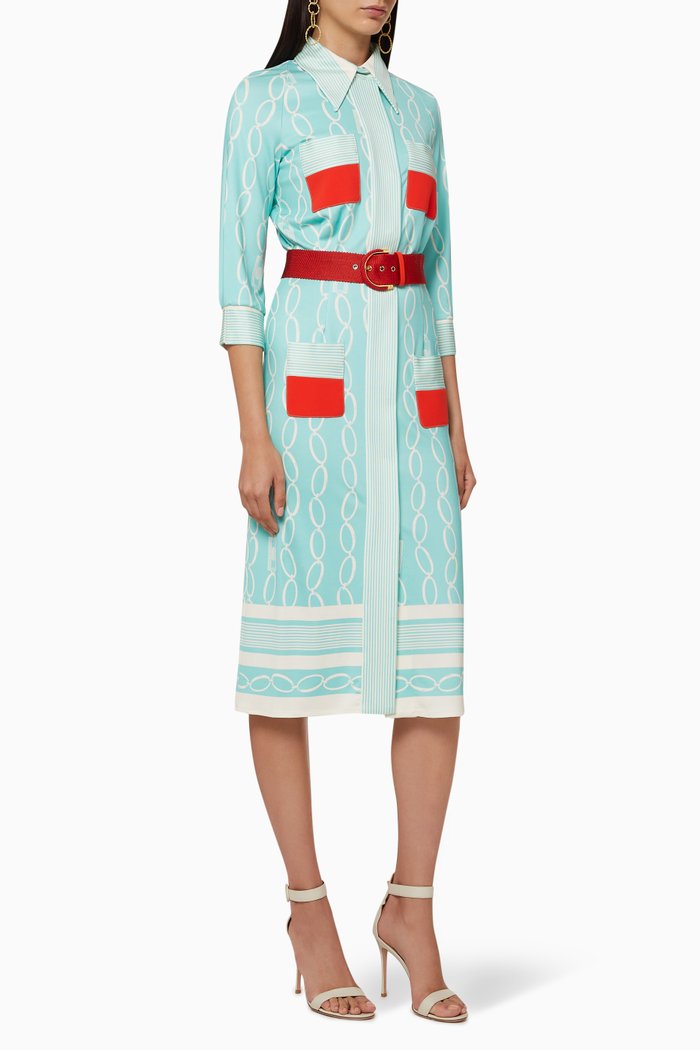 

Belted Logo Chain Print Georgette Dress, Blue
