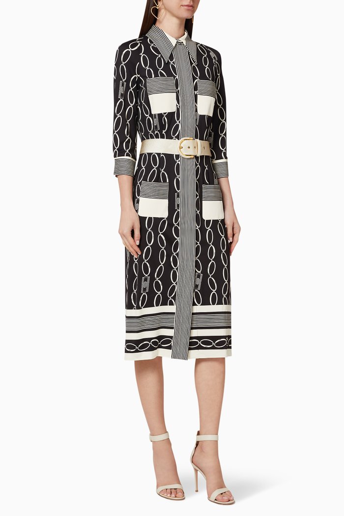 

Belted Logo Chain Print Georgette Dress, Multicolour