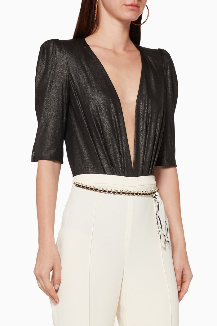 

Metallic V-Neck Bodysuit, Black