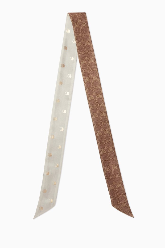 

Signature Logo & Apple Print Skinny Scarf in Silk, Brown