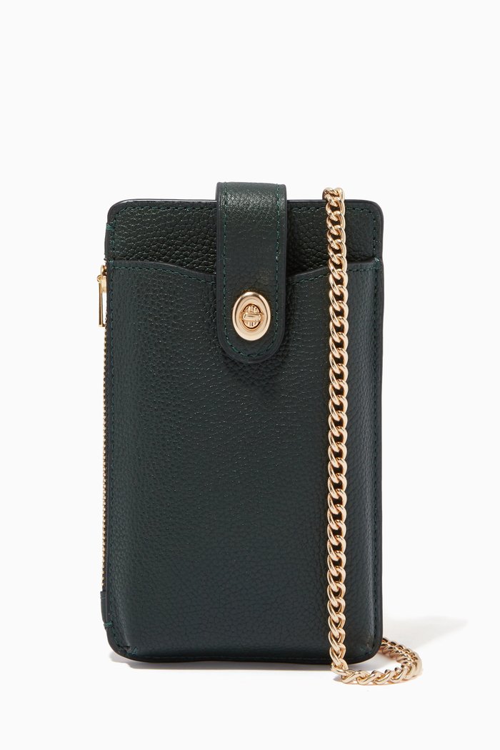 

Turnlock Chain Phone Crossbody in Pebble Leather, Green