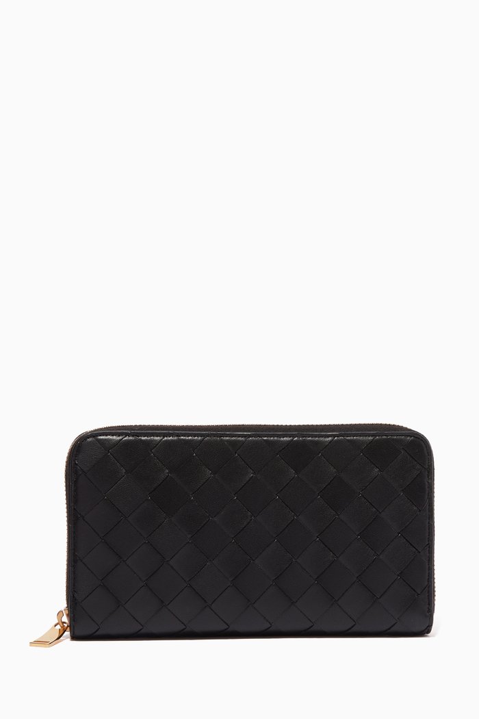 

Intrecciato Leather Zip Around Wallet, Black