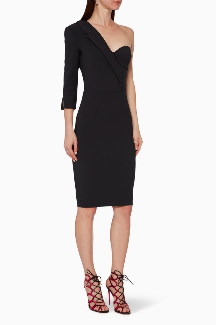 

One-Shoulder Crêpe Midi Dress, Black