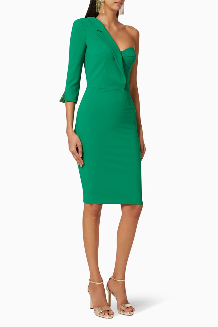 

One-Shoulder Crêpe Midi Dress, Green