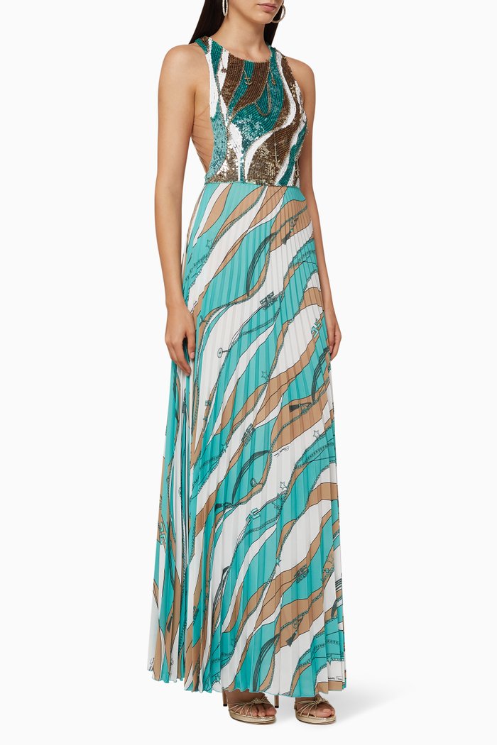 Pleated Foulard Print Sequinned Dress, Blue