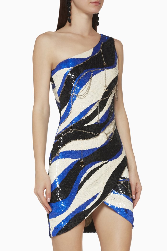 

One-Shoulder Sequin Mini Dress, Black