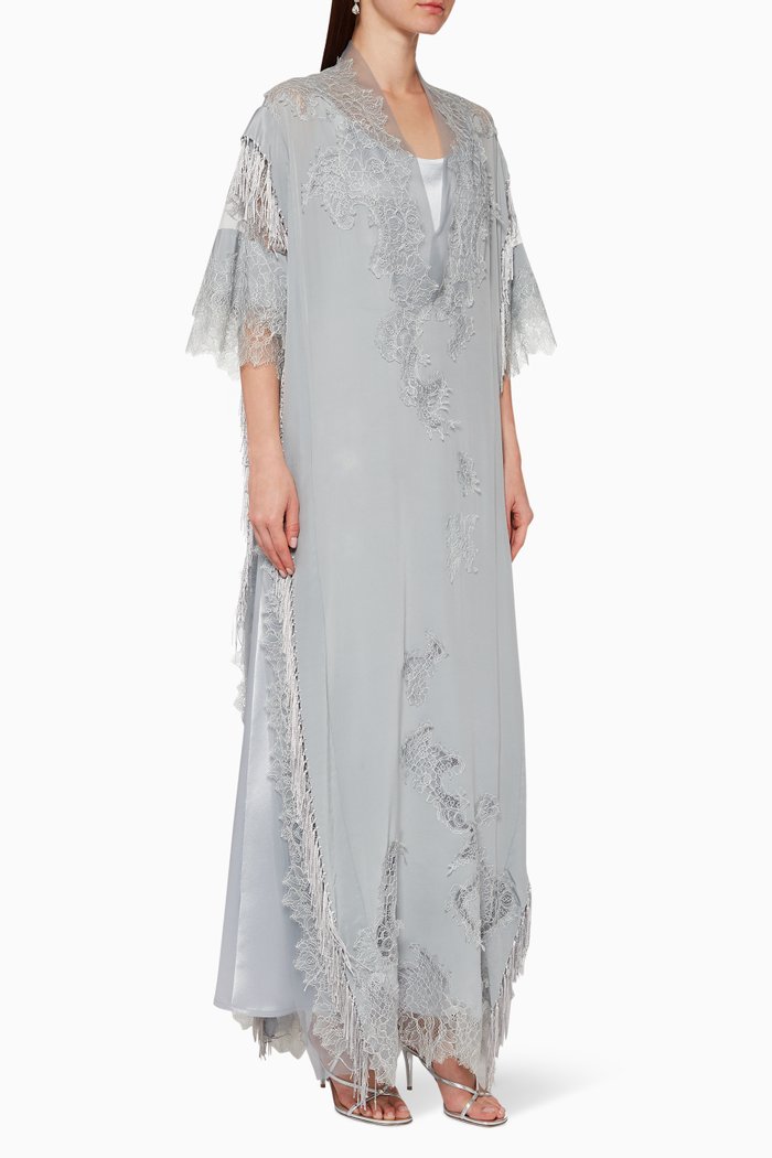 

Fringed Lace & Crepe Jalabiya, Grey