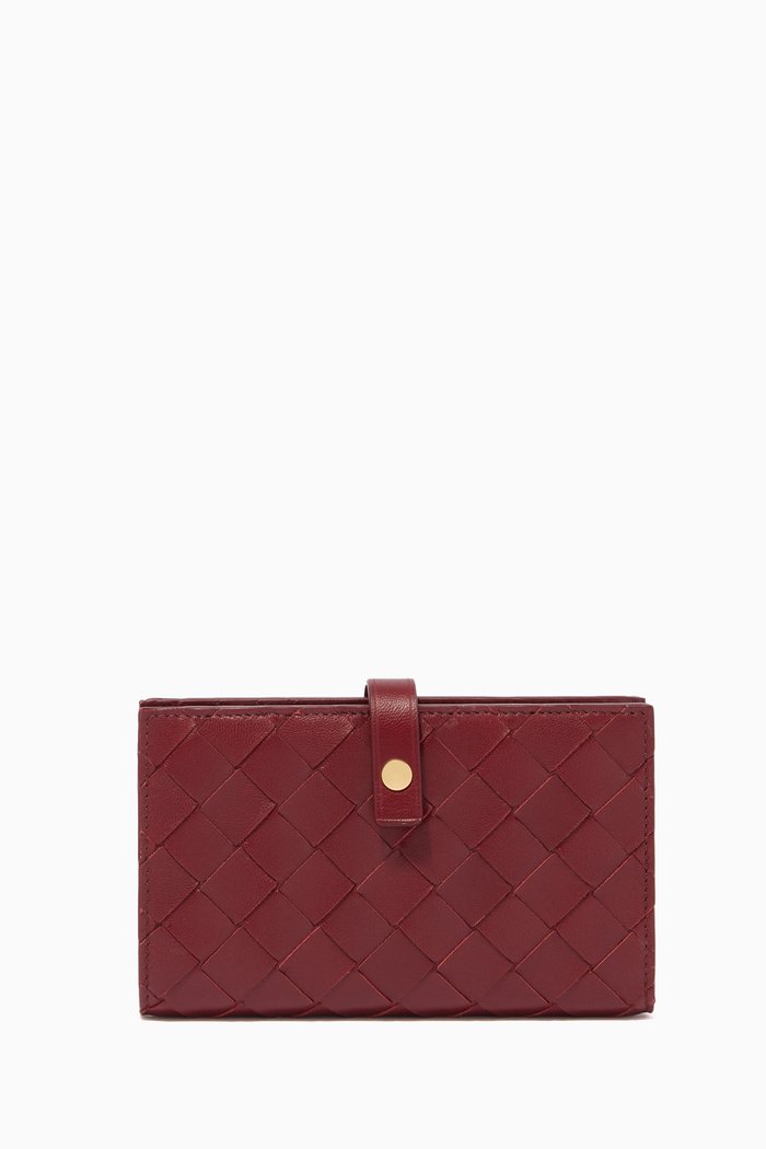 

French Intrecciato Leather Medium Bi-Fold Wallet, Burgundy