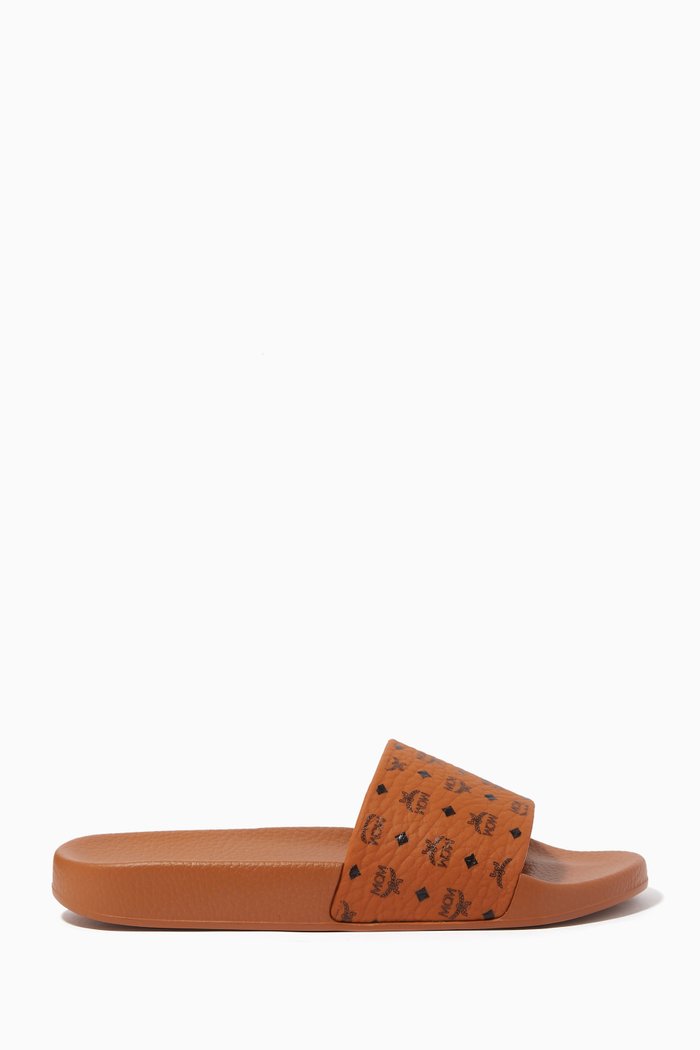 

Logo-Print Leather Slides, Brown