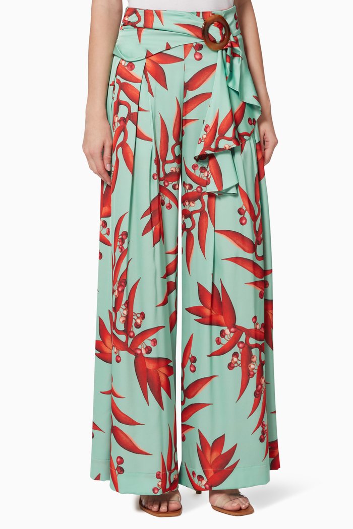 

Floral Print Wide-Leg Pants, Blue