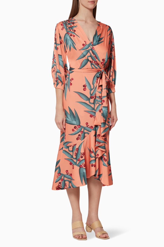 

Floral Print Crepe Wrap Dress, Orange