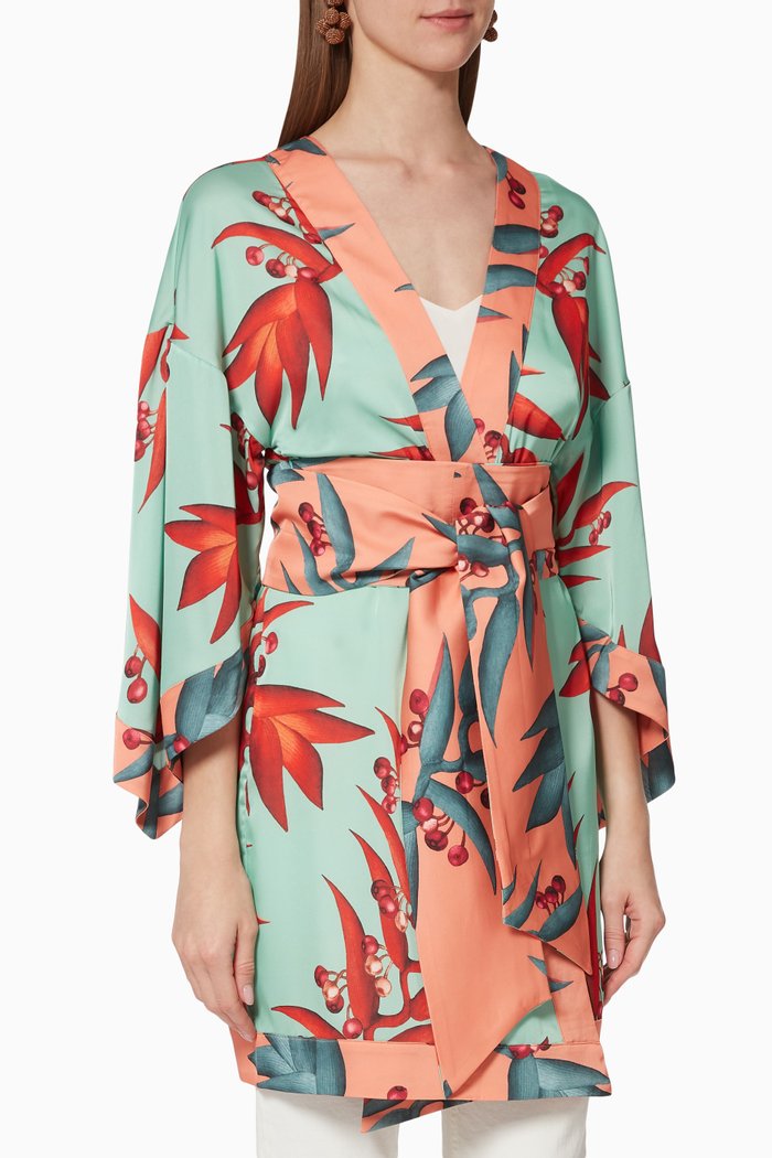 

Floral Crepe Belted Kimono, Blue