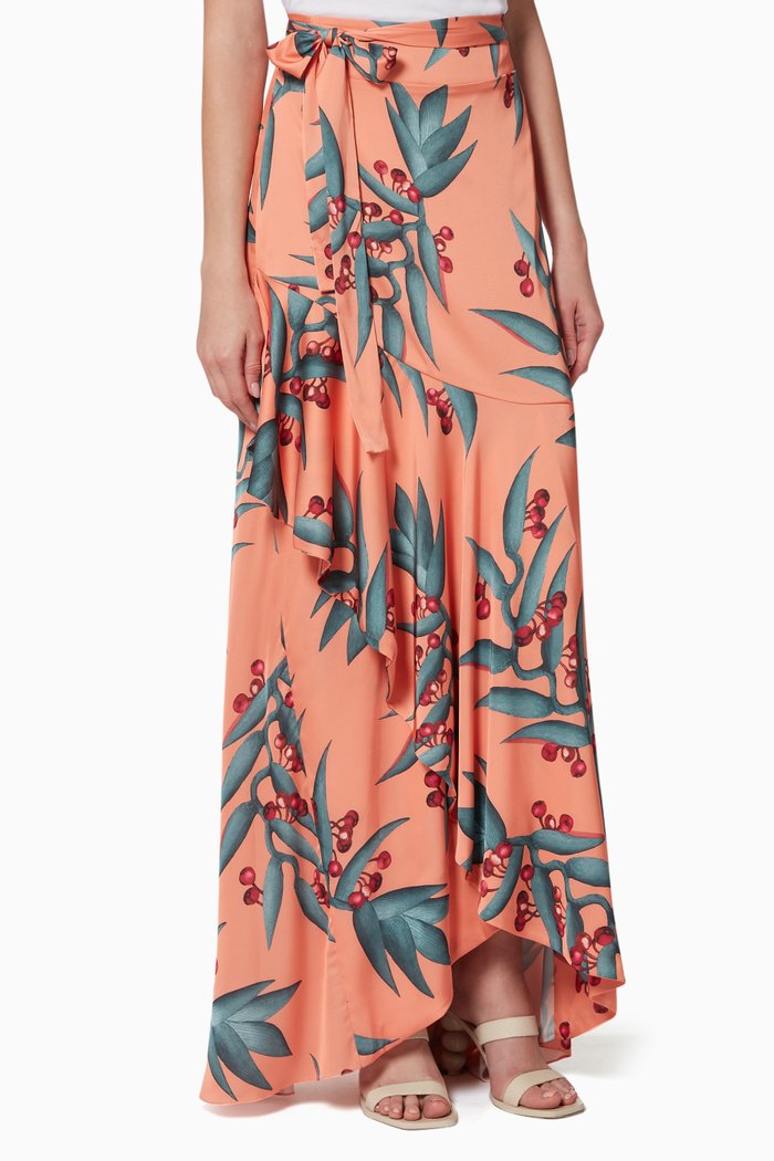 Floral Print Crepe Wrap Skirt, Orange