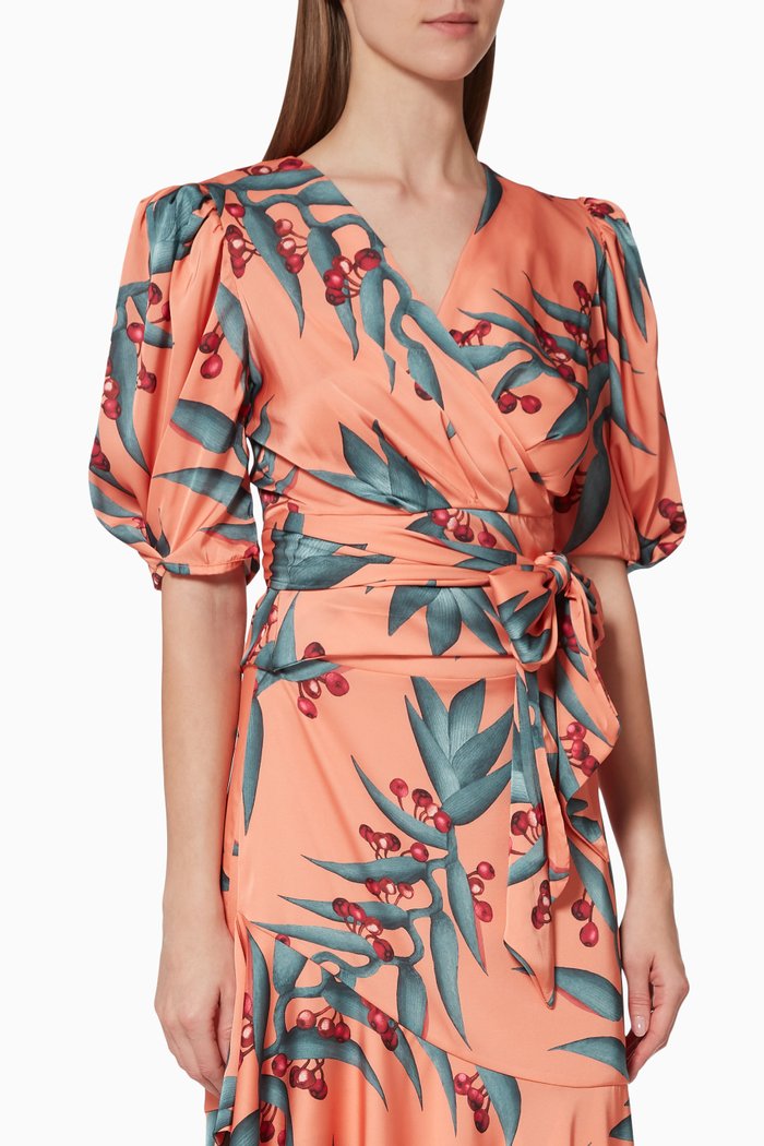 

Floral Print Crepe Wrap Blouse, Orange