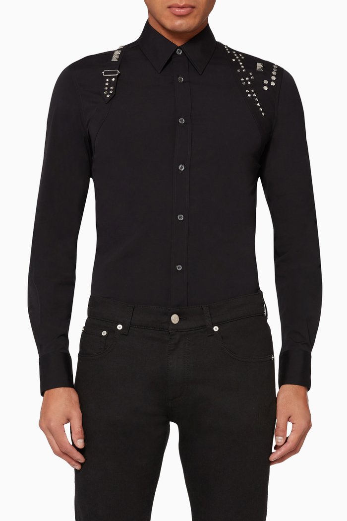 

Studded Harness Cotton Poplin Shirt, Black