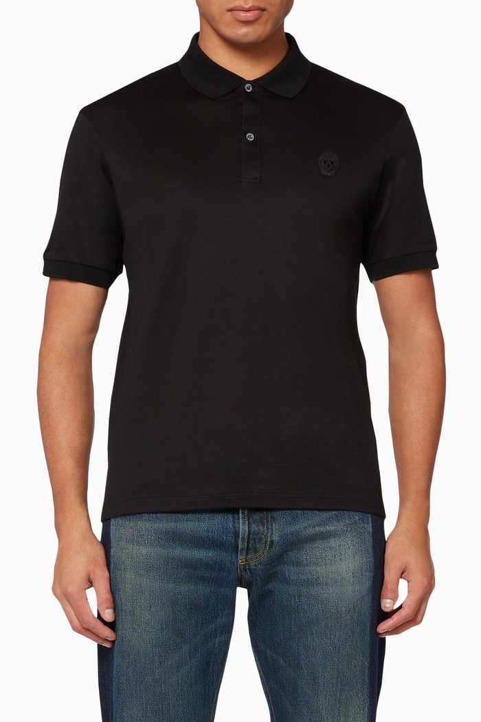 

Embroidered Skull Patch Polo T-Shirt, Black
