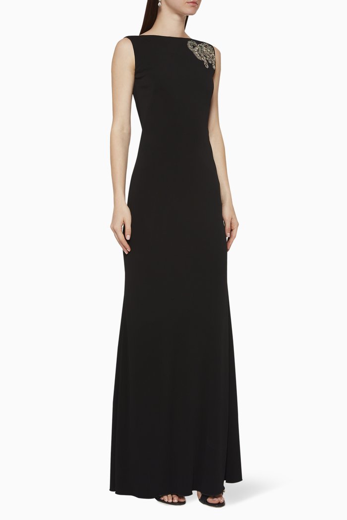 

Embroidered Crepe Evening Dress, Black