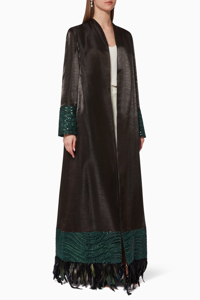 Sequin Feather Abaya, Black
