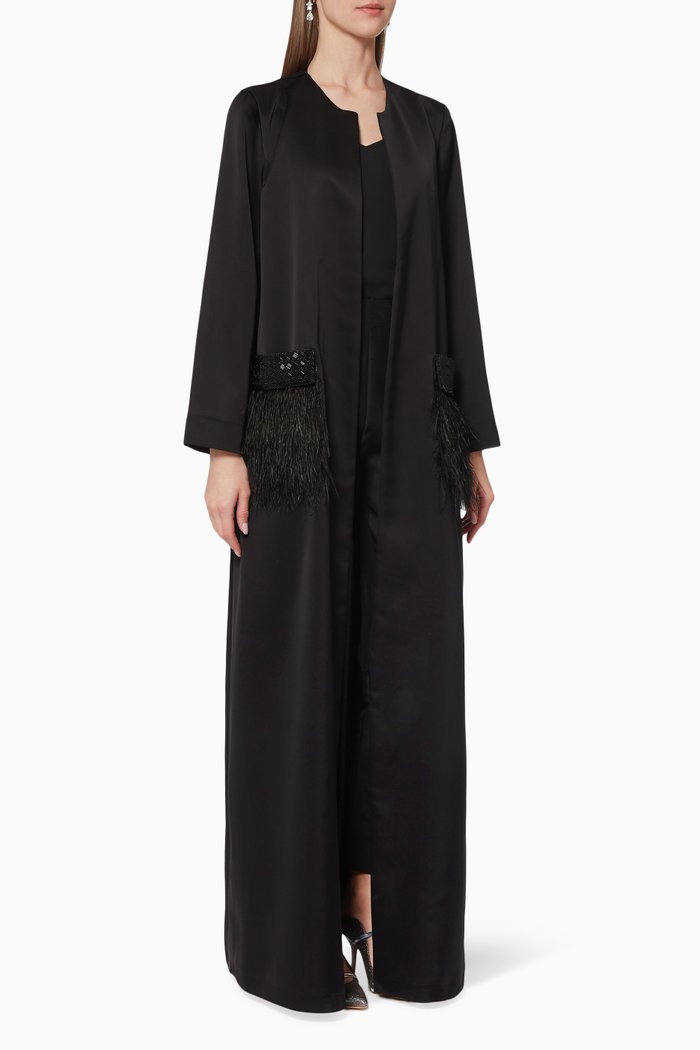 

Sequin Feather Abaya, Black